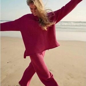 New Free People Hailee Sweater Set Two Piece in Ivory Heather Raspberry Pink